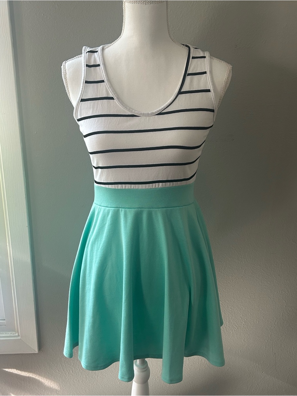 2B Bebe Striped White & Black Tank Top and Light Teal Skirted Dress